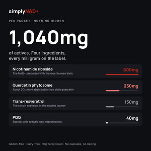 simplyNAD+ Supplement Facts: serving size 1 packet (10g), 30 servings per container. Nicotinamide Riboside 600mg, Quercetin Phytosome 250mg, Trans-Resveratrol 150mg, Pyrroloquinoline Quinone (PQQ) 40mg