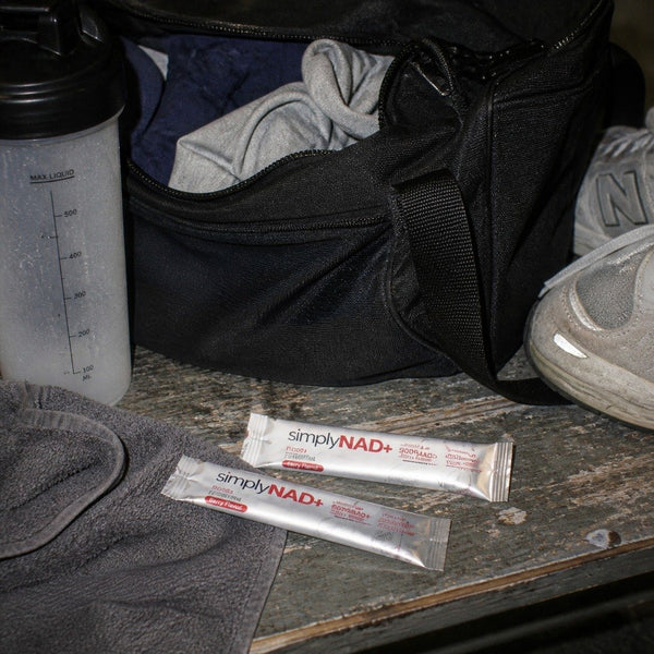 simplyNAD+ liquid NAD+ shot packet in an everyday setting